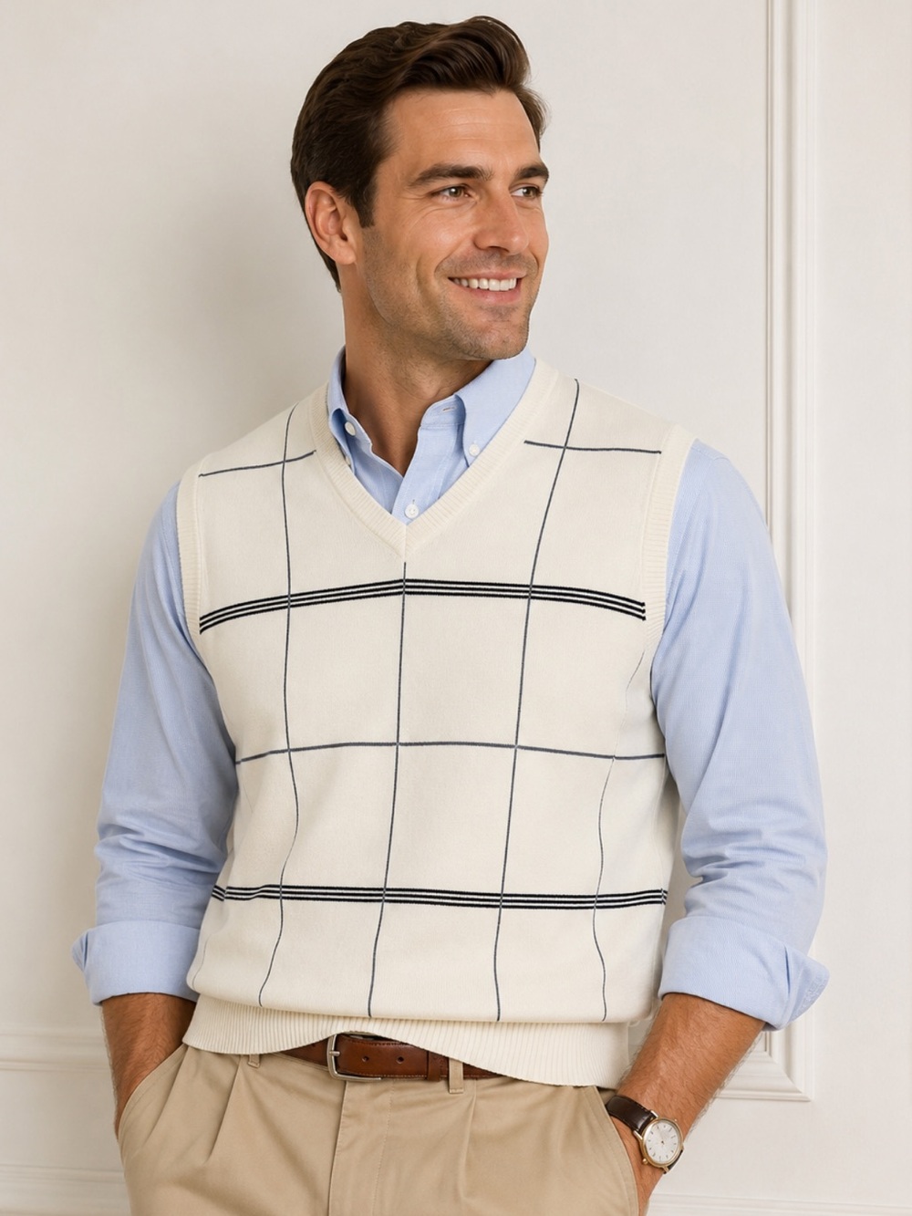 Van Heusen Men's Cream V-Neck Sleeve Less Tight Knit Plaid Sweater Vest Size XXL